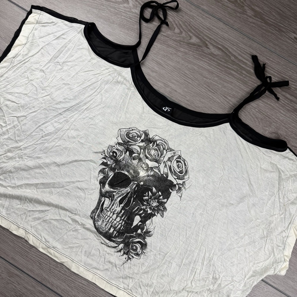 Lip Service Women's Y2K Cropped Rose Skull Shoulder Tie Top‎ Cream Large New